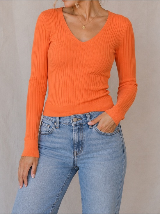 Sweaters - NWT Vera Perla Orange Ribbed Knit V Neck Sweater Small